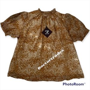 New Women's Plus Size Leopard Print Puff Short Sleeve Blouse Ava & Viv Orange X